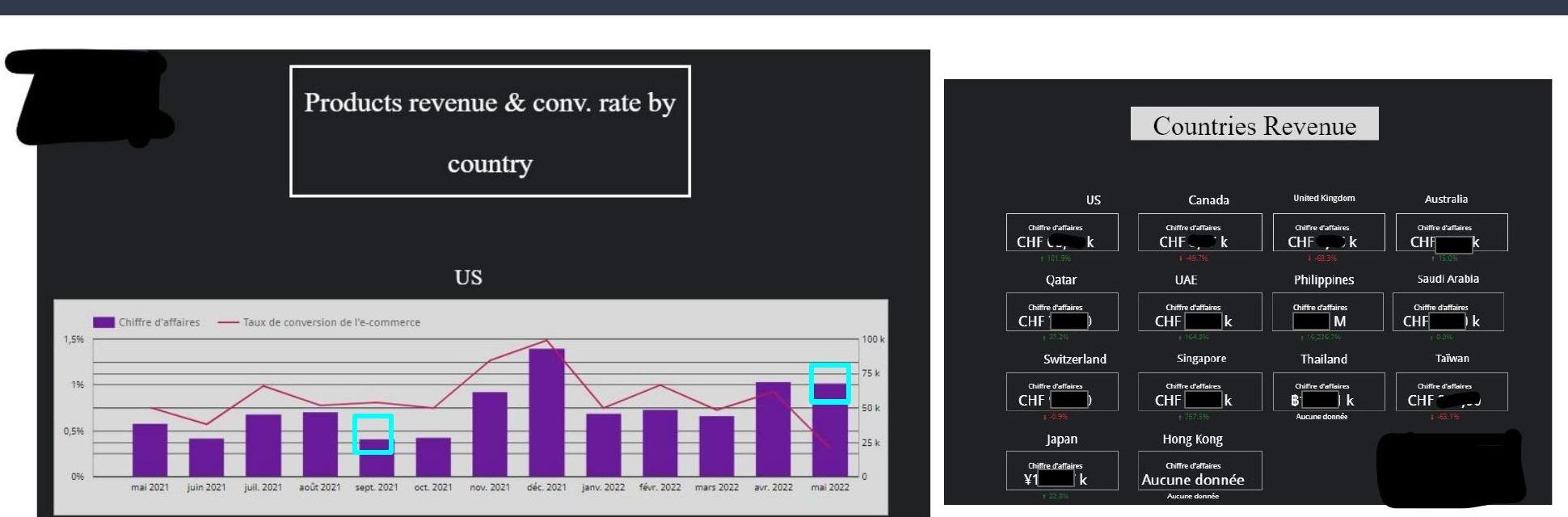 Revenue-by-country dashboard across US, Canada, UK, UAE and more (client figures redacted)
